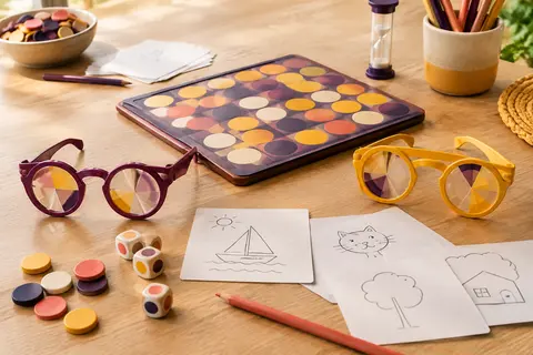 Deux paires de lunettes à verres rotatifs et un plateau de jeu de dessin sur une table