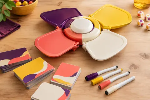 Plateau de quiz multicolore, cartes et stylos effaçables réunis sur une table en bois clair