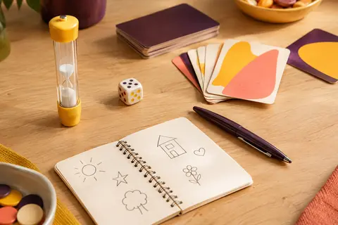 Minuteur en forme de stylo, cartes, dé et carnet de dessin réunis sur une table de jeu