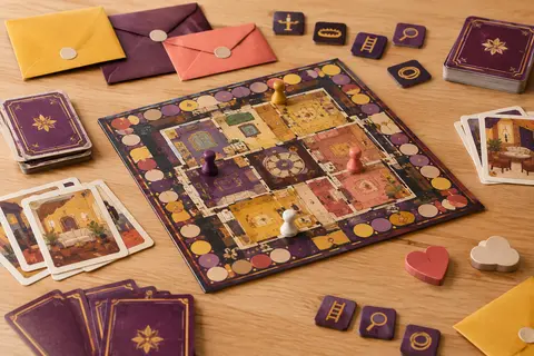 Plateau de jeu entouré de cartes de rôles, d’enveloppes, de tuiles de piège et de pions en bois clair