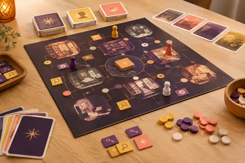 Plateau de jeu d’enquête en carton avec cartes, pions et jetons disposés sur une table en bois clair
