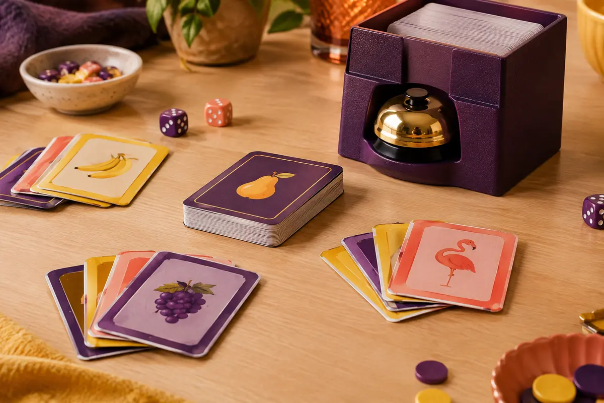 Jeu de cartes Pit avec étui rigide, sonnette intégrée et cartes multicolores sur une table en bois clair.