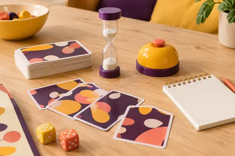 Cartes de jeu, sablier, couineur et bloc-notes disposés sur une table en bois clair