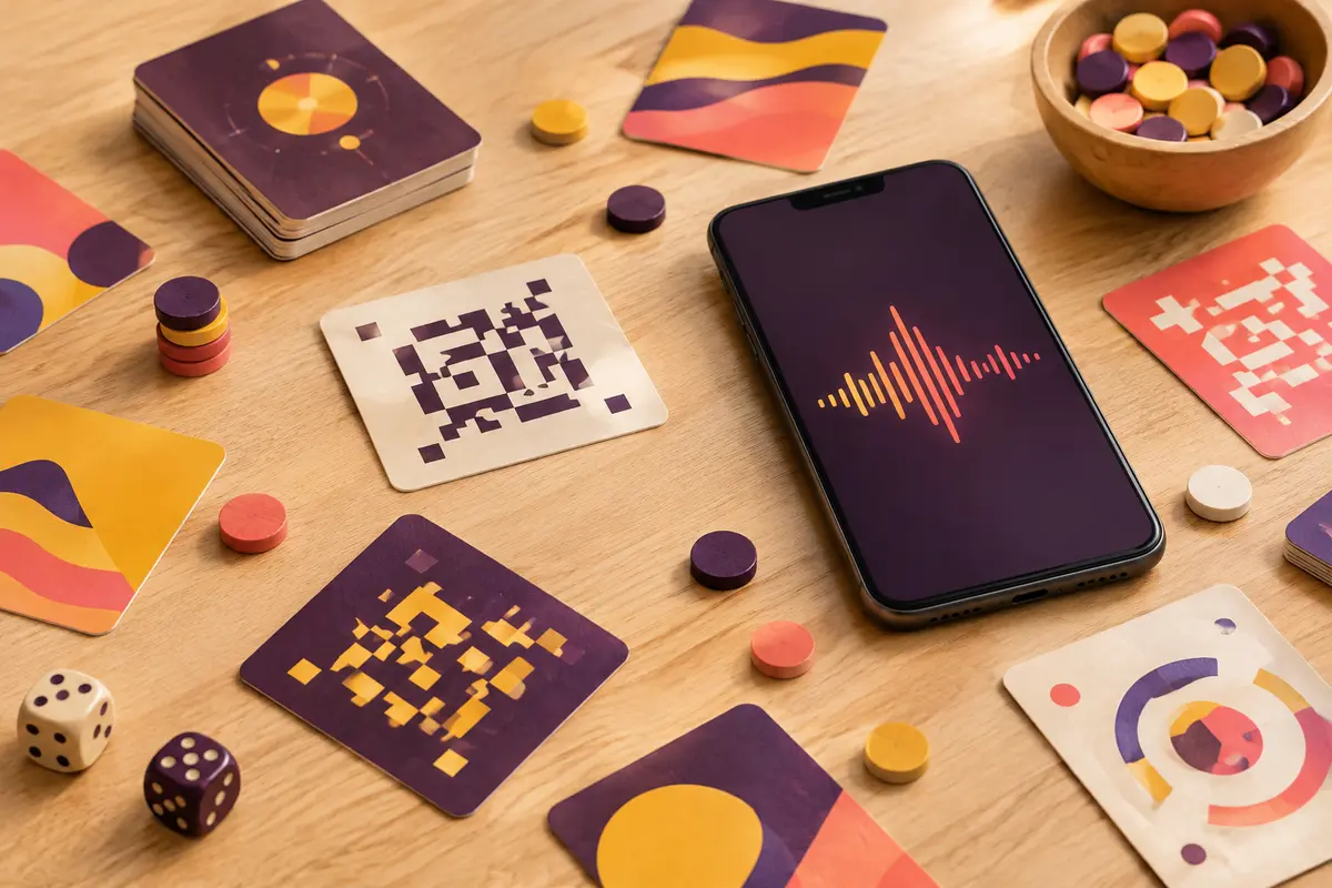 Cartes musicales colorées et jetons sur une table en bois, avec un smartphone prêt à lancer un hit.
