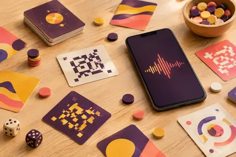 Cartes musicales colorées et jetons sur une table en bois, avec un smartphone prêt à lancer un hit.