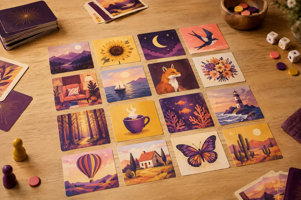 Cartes illustrées d’association d’idées étalées sur une table en bois clair pour une partie en équipe