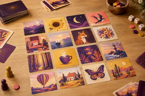 Cartes illustrées d’association d’idées étalées sur une table en bois clair pour une partie en équipe