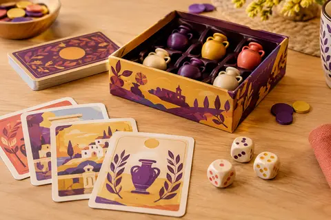 Jeu Nessos avec des cartes et des amphores sur une table en bois clair
