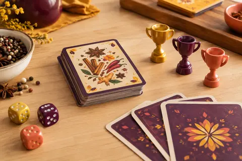 Cartes de bluff et petits trophées disposés sur une table en bois clair aux tons chaleureux.
