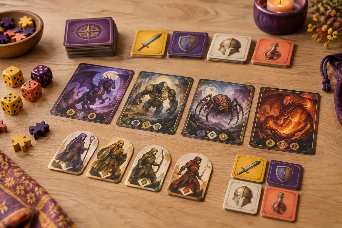 Cartes de monstres et tuiles d’équipement de Welcome To The Dungeon sur une table en bois clair.
