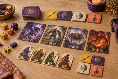 Cartes de monstres et tuiles d’équipement de Welcome To The Dungeon sur une table en bois clair.