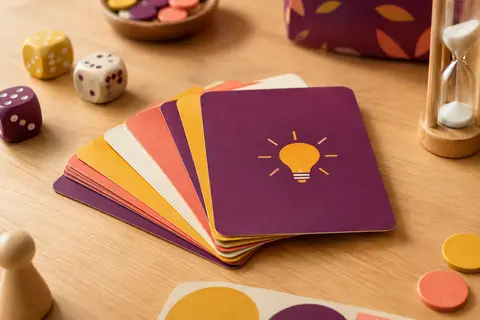 Cartes de quiz multicolores disposées sur une table en bois clair dans une ambiance de jeu chaleureuse