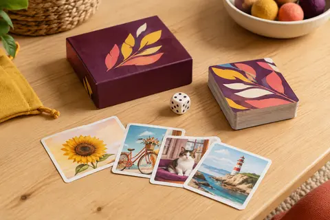 Jeu de cartes d’observation colorées avec un dé, disposé sur une table en bois clair