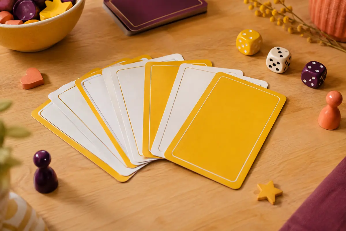 Cartes de devinettes jaunes et blanches disposées sur une table de jeu en bois clair.