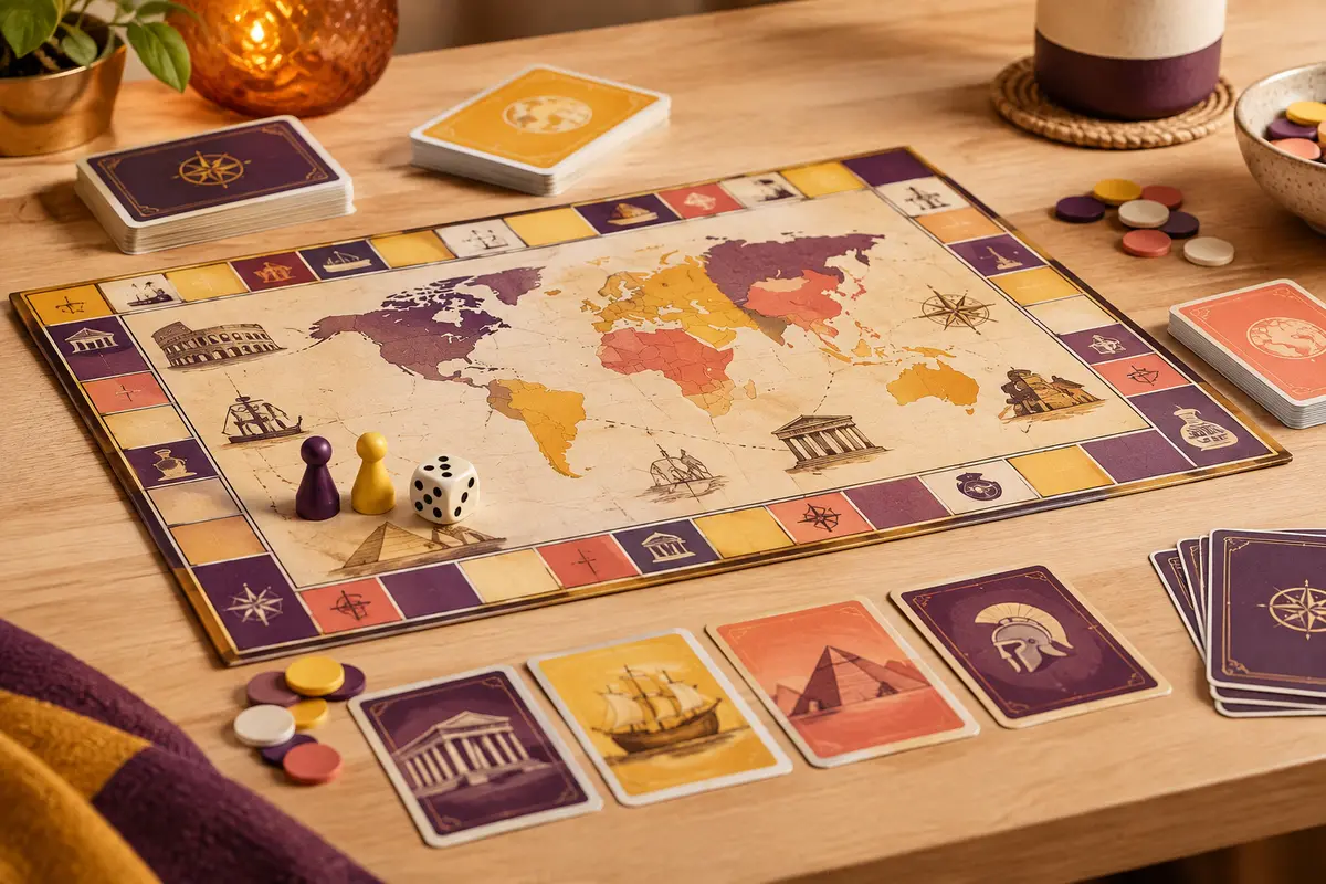 Jeu de plateau historique avec cartes, dé, pions et jetons multicolores sur une table en bois