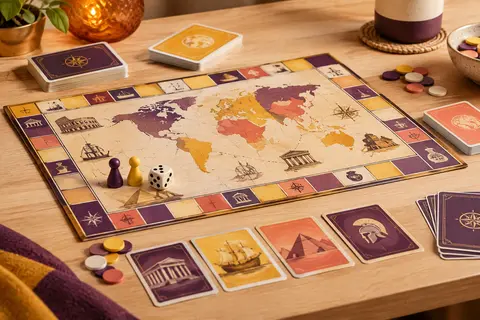 Jeu de plateau historique avec cartes, dé, pions et jetons multicolores sur une table en bois