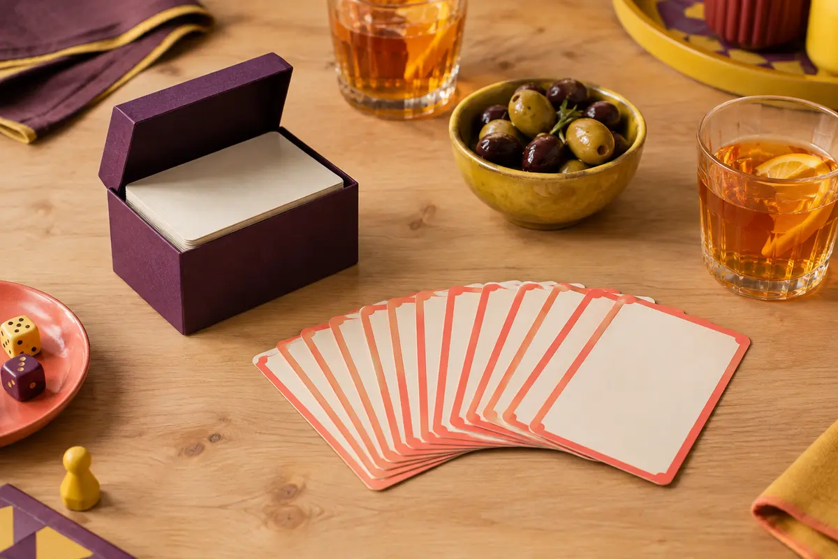 Petit étui en carton prune ouvert et cartes de mimes et devinettes étalées en éventail près de verres d’apéritif, sur une table en bois clair