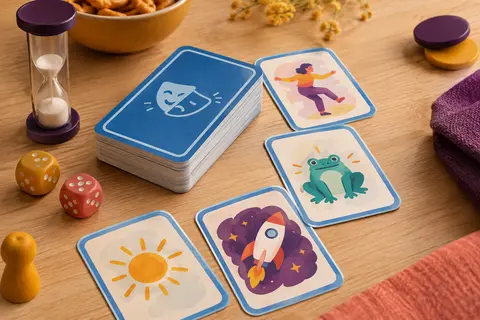 Cartes bleues illustrées d’un jeu de mime pour enfants posées sur une table en bois clair