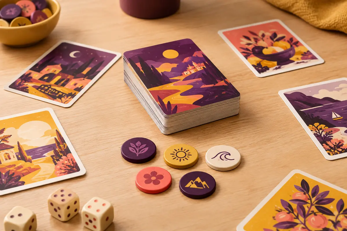Jeu de cartes illustrées et cinq jetons-catégories disposés sur une table en bois clair