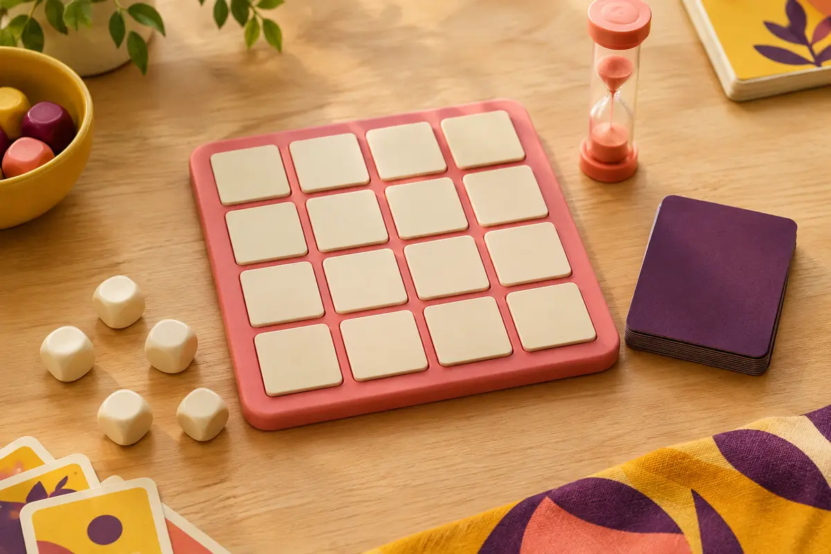 Plateau carré en plastique rose garni de tuiles ivoire face cachée, cartes thématiques retournées et sablier sur une table en bois clair