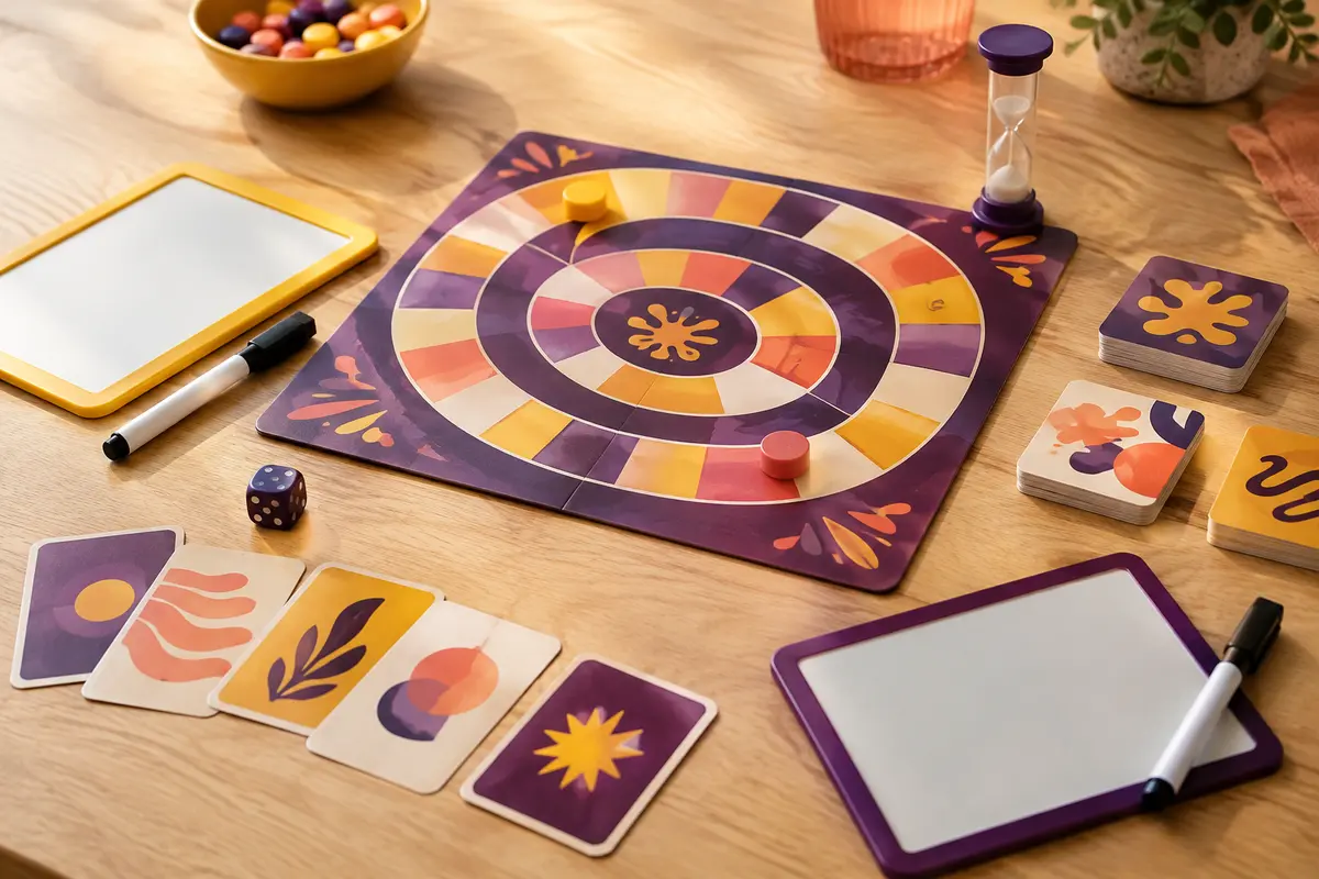 Plateau de dessin, cartes colorées, deux ardoises, marqueurs et sablier réunis sur une table en bois clair.