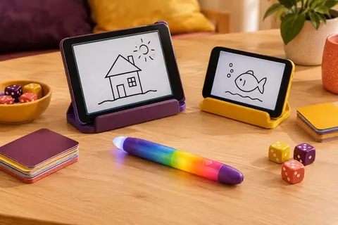 Stylo lumineux Pictionary Air 2 et deux supports mobiles posés sur une table de jeu