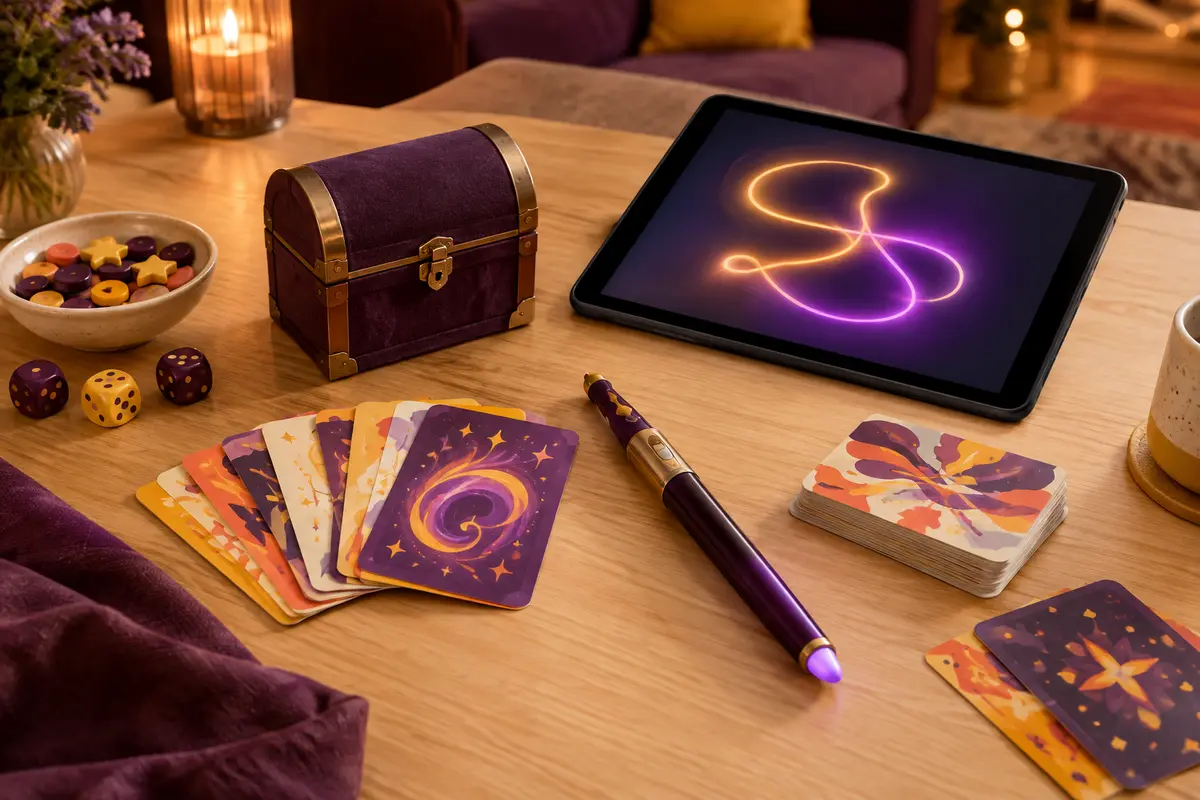 Baguette de dessin, accessoire en forme de malle et cartes réunis sur une table de jeu en bois clair