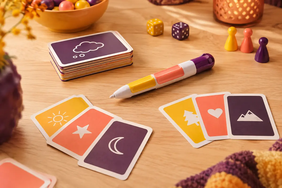 Stylo de dessin multicolore et cartes-indices posés sur une table de jeu en bois clair