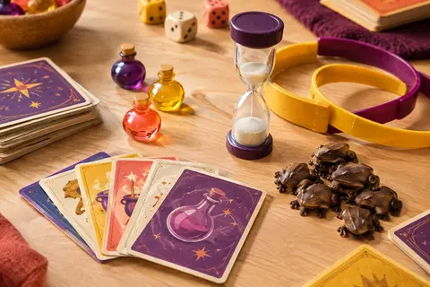 Cartes multicolores, bandeaux, jetons et sablier du jeu Devine Tête Harry Potter sur une table en bois clair
