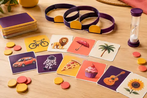 Cartes illustrées, bandeaux, jetons et sablier du jeu de devinettes Devine Tête sur une table en bois clair.