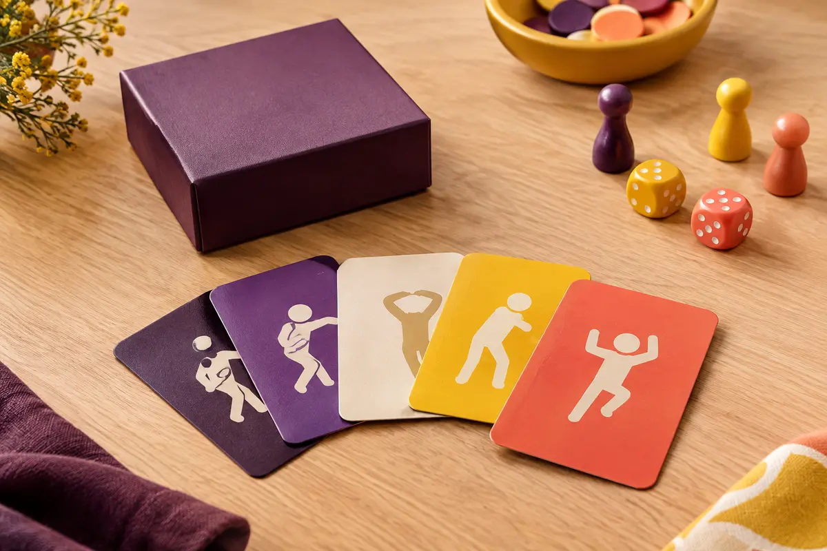 Boîte de jeu de mime au format poche et cartes multicolores posées sur une table en bois clair