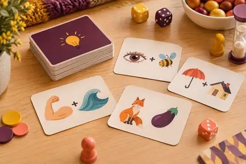 Cartes de devinettes et rébus illustrés étalées sur une table de jeu en bois clair