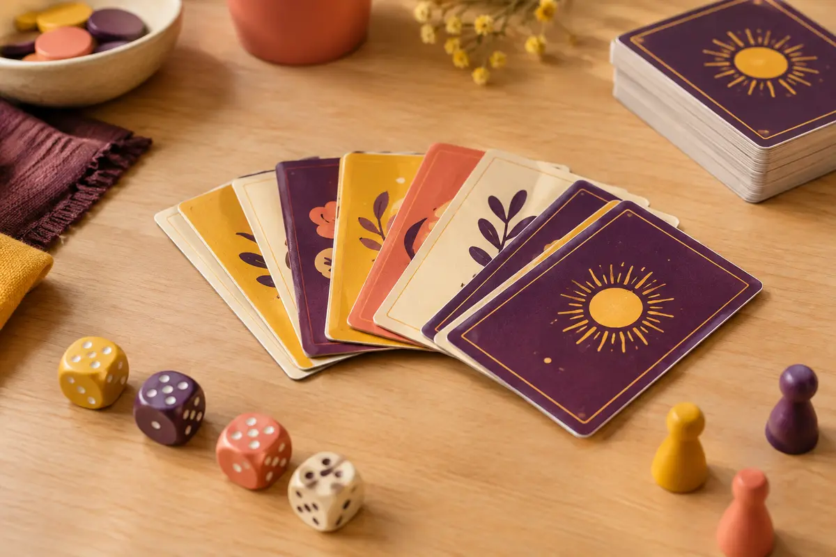 Cartes en carton d’un jeu de quiz disposées sur une table en bois clair avec quelques accessoires ludiques.