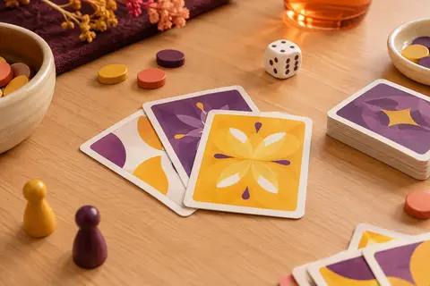 Cartes de jeu de bluff jaunes, violettes et blanches posées sur une table en bois clair.