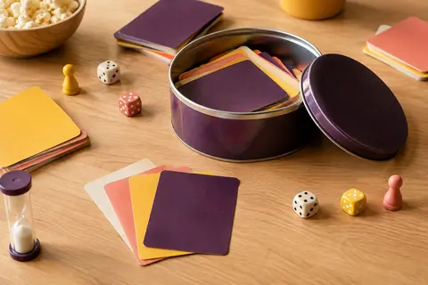 Boîte ronde en métal et cartes multicolores du quiz cinéma Cine Buster sur une table de jeu