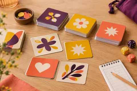 Cartes carrées d’un jeu de lettres disposées sur une table en bois clair avec un carnet de score.