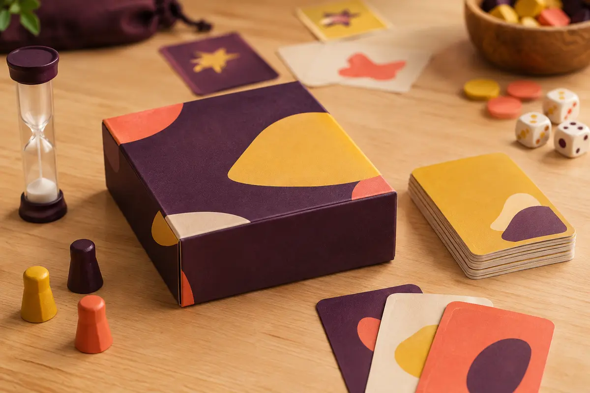 Jeu de bluff compact posé sur une table en bois clair, entouré de cartes et d’accessoires ludiques