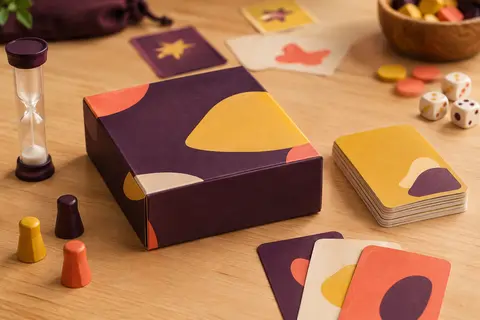 Jeu de bluff compact posé sur une table en bois clair, entouré de cartes et d’accessoires ludiques