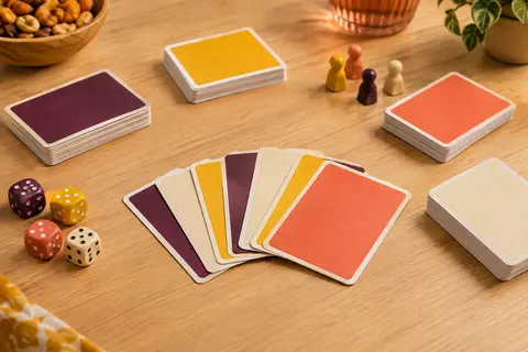 Cartes multicolores du jeu de petit bac Nutrush disposées sur une table en bois clair.