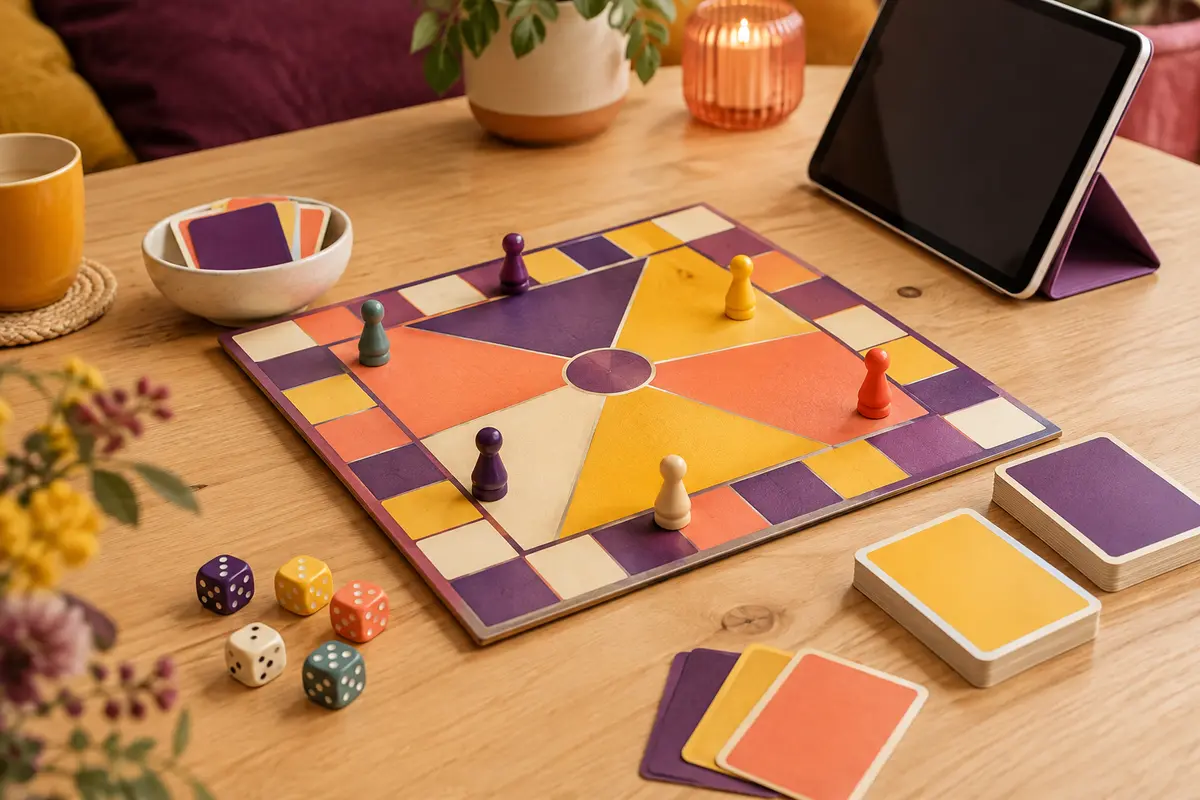 Plateau de quiz multicolore avec dés, figurines et support pliable pour tablette sur une table en bois clair.