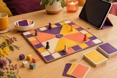 Plateau de quiz multicolore avec dés, figurines et support pliable pour tablette sur une table en bois clair.