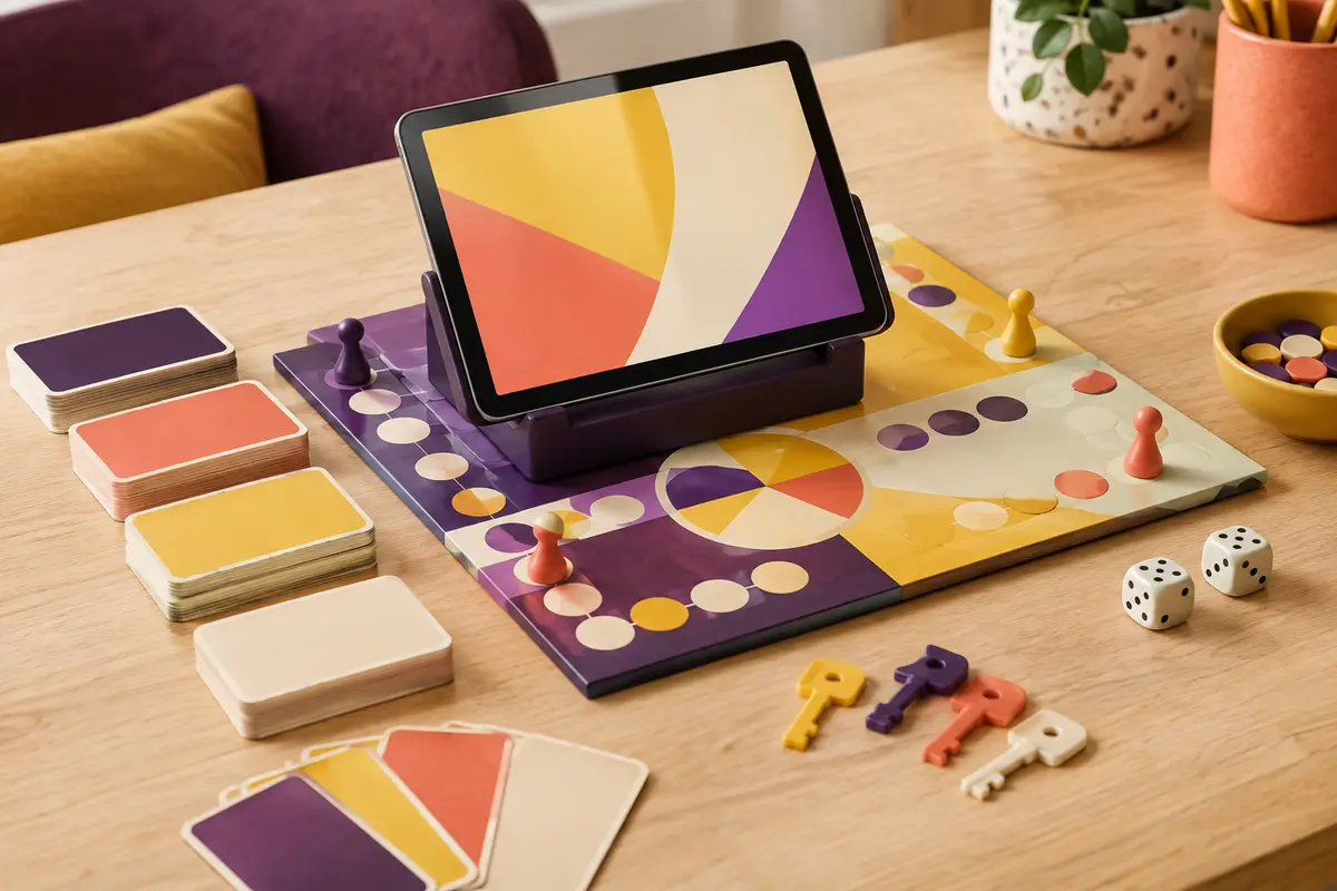 Plateau de quiz multicolore avec support pour tablette et clés de licence sur une table en bois clair
