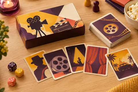 Boîte en carton et cartes du jeu James Dîne posées sur une table en bois clair aux tons chaleureux.