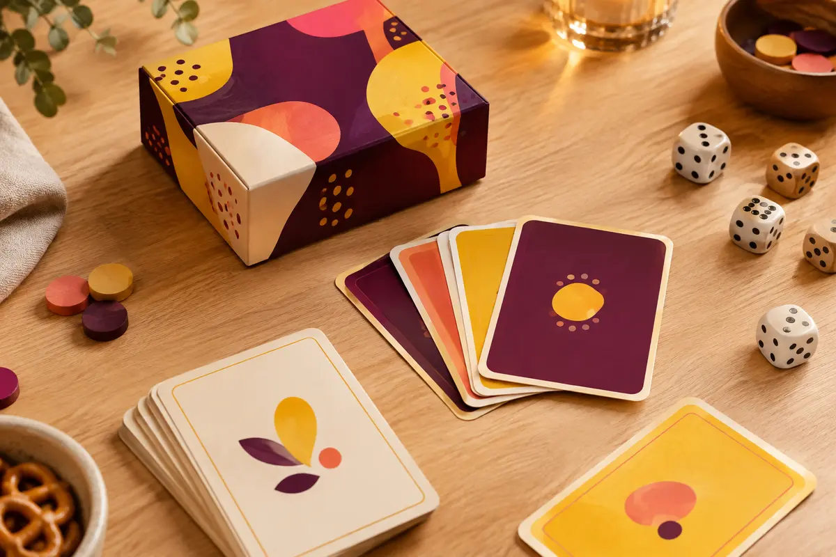 Boîte de jeu multicolore et cartes de quiz Talaref disposées sur une table en bois clair