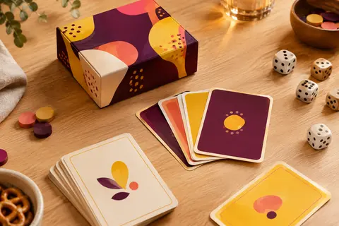 Boîte de jeu multicolore et cartes de quiz Talaref disposées sur une table en bois clair