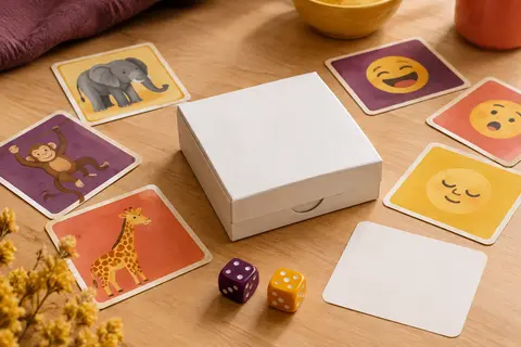 Cartes d’animaux et d’expressions avec deux dés, disposés sur une table en bois clair