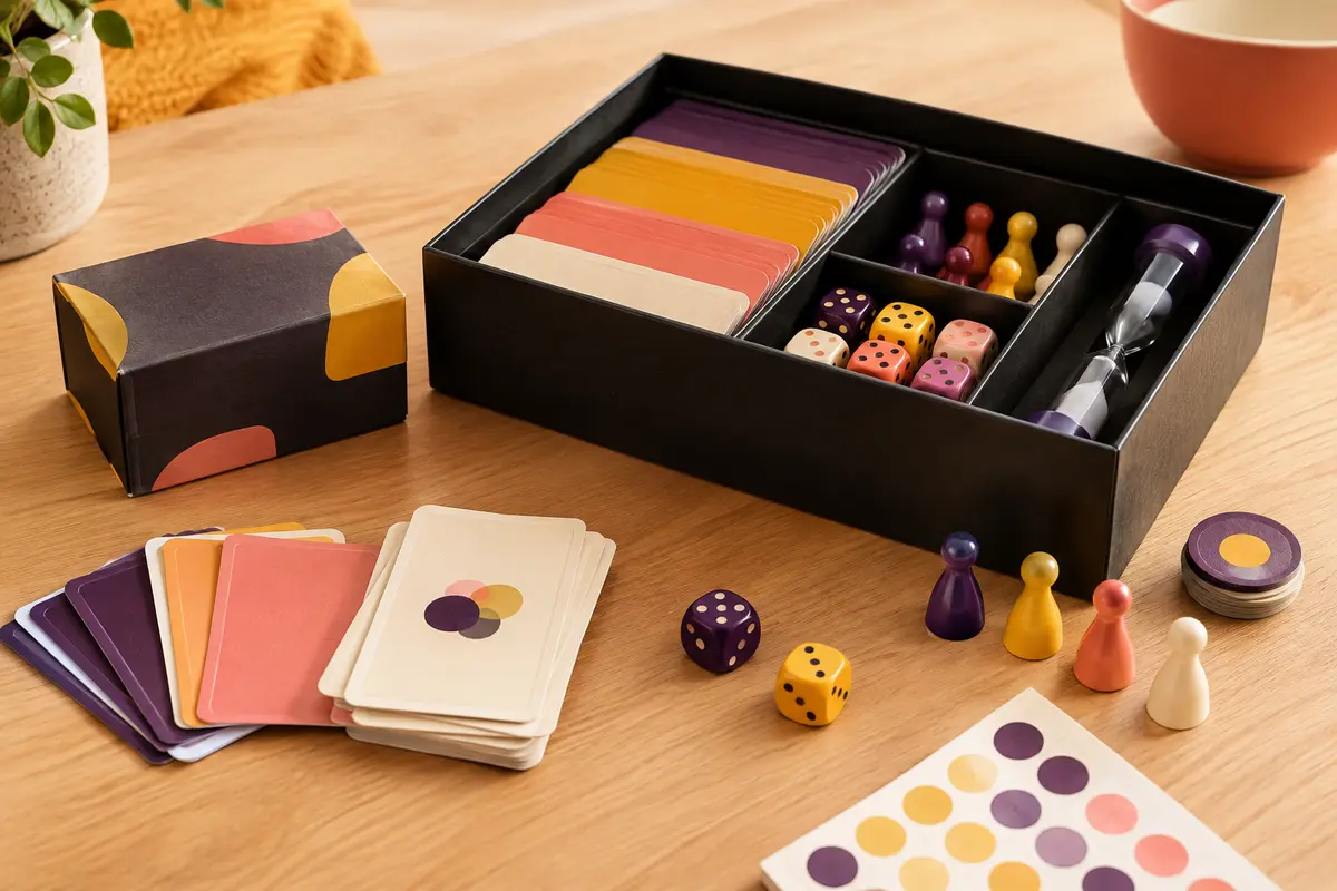 Boîte de quiz noire, format voyage et cartes disposés sur une table de jeu en bois clair.