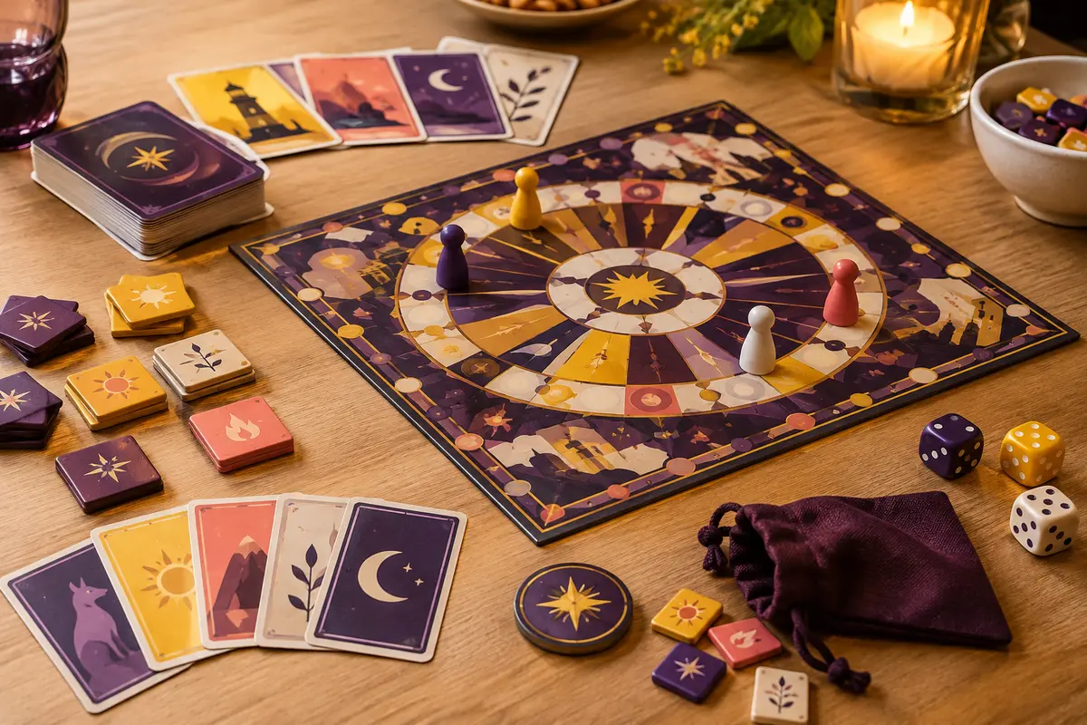 Cartes, tuiles, plateau, badge et sac de preuve d’un jeu de déduction sociale sur une table en bois clair.