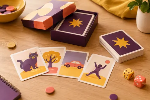 Cartes illustrées d’un jeu de mime pour enfants disposées sur une table en bois clair.