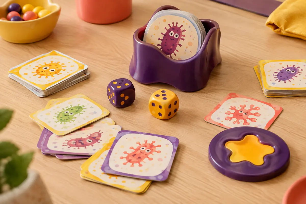 Deux dés, des cartes Microbz et un cache-carte disposés sur une table en bois clair.